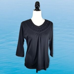 La Madona Black Polyester Knit Top With Ornate V-neck Collar